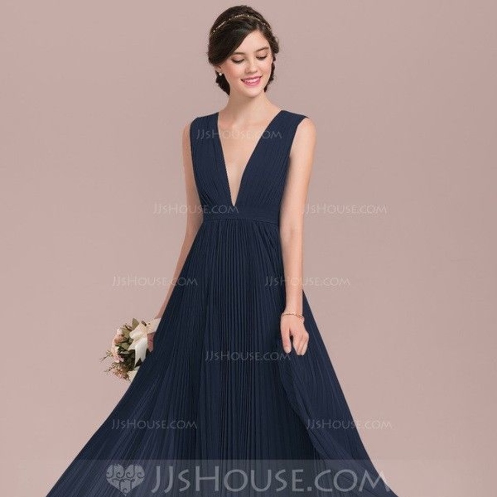 NEW A-Line/V-Neck Floor-Length Blue Dress